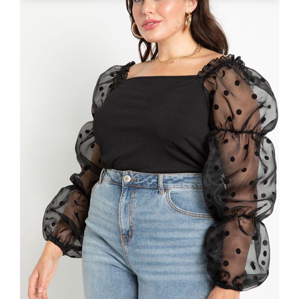 Eloquii Women's Plus Black Flocked Organza Sheer Puff Sleeve Top 18/20 NWOT